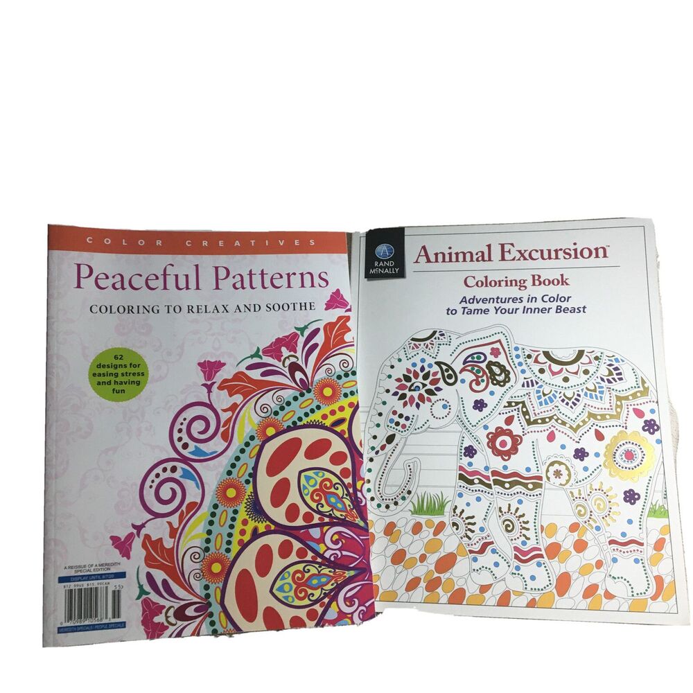 Adult Coloring Book Animal Excursion and Peaceful Patterns. Two Books